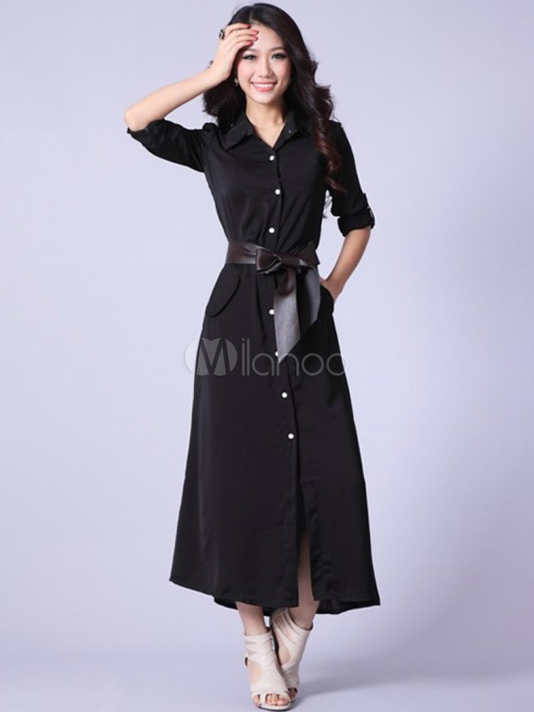 Black SingleBreasted Sash Silk Woman's Party Dress