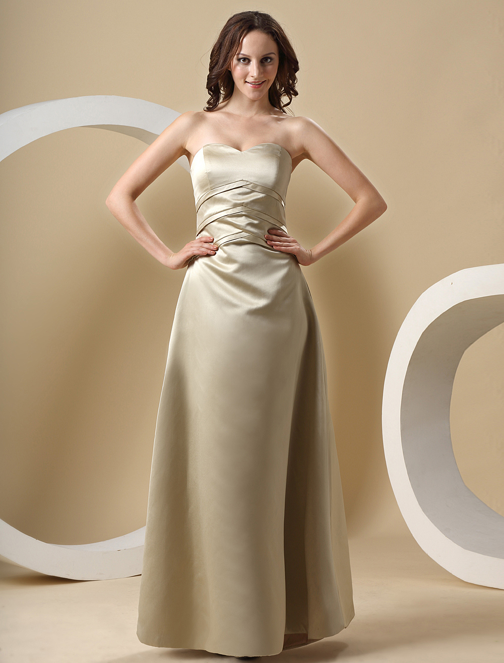 Sweetheart Strapless Satin Floor Length Gold Champagne Bridesmaid Dress