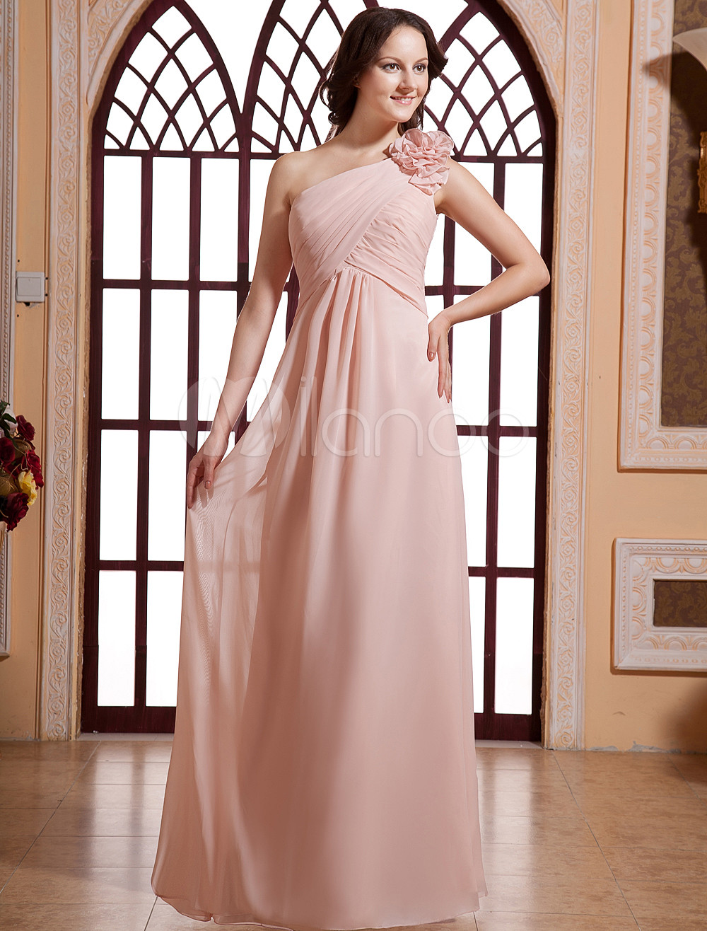 Romantic Pink Chiffon One Shoulder Floor Length Bridesmaid Dress - Milanoo.com