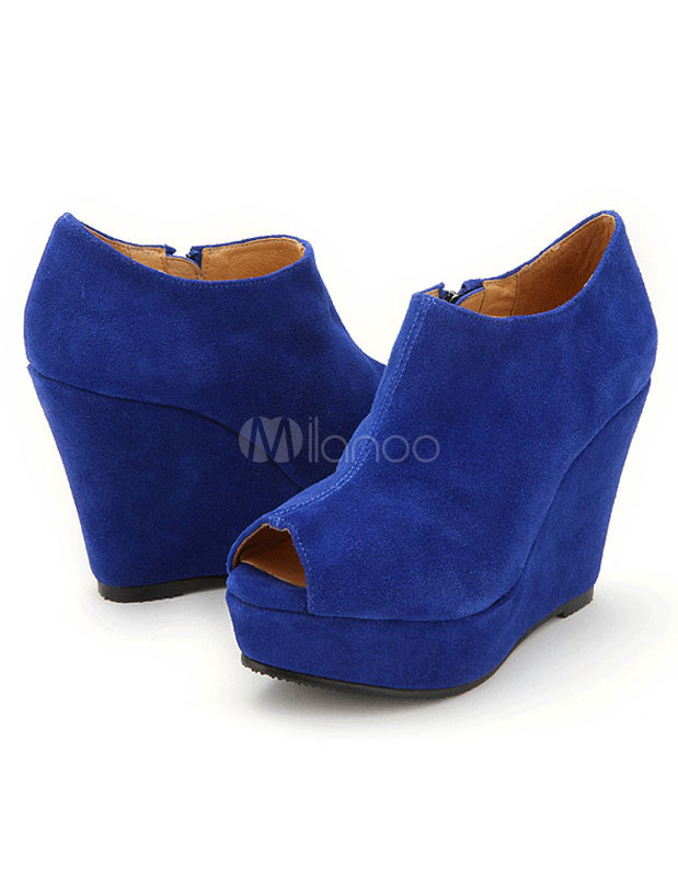 Concise Deep Blue Suede Leather Wedge Women's Peep Toe Shoes - Milanoo.com