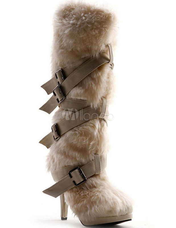 Hebillas de cuero albaricoque moda peluda tacón botas mediados de-becerro  femenino - Milanoo.com