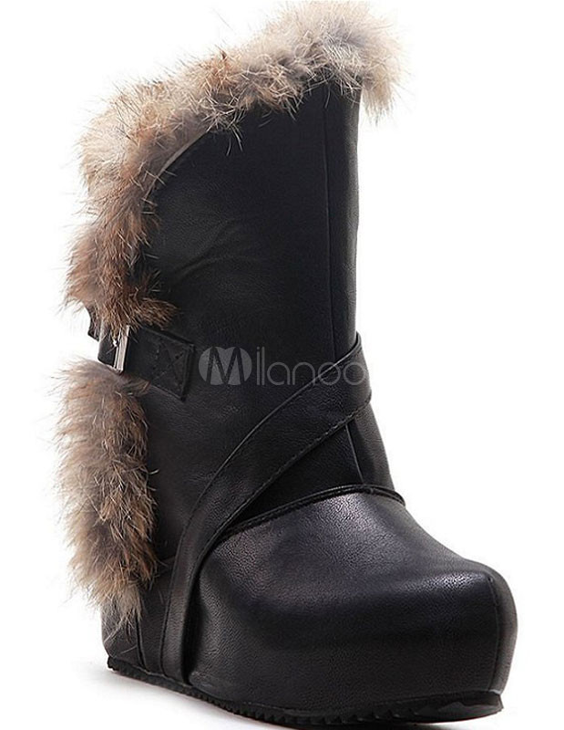 Caliente botas de cuña de la mujer negra peluda hebilla de cuero de la PU -  Milanoo.com