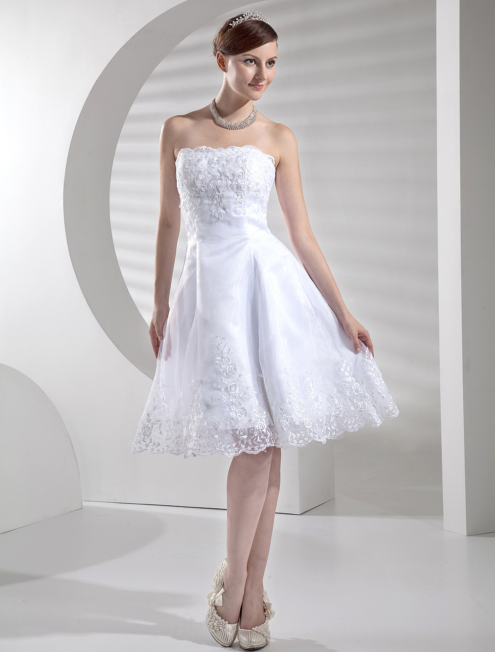 White Wedding Dress Short Strapless Bridal Dress Lace Applique