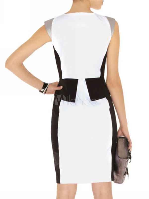 White Jewel Neck Sleeveless TwoTone Acetate Bodycon Dress for Woman