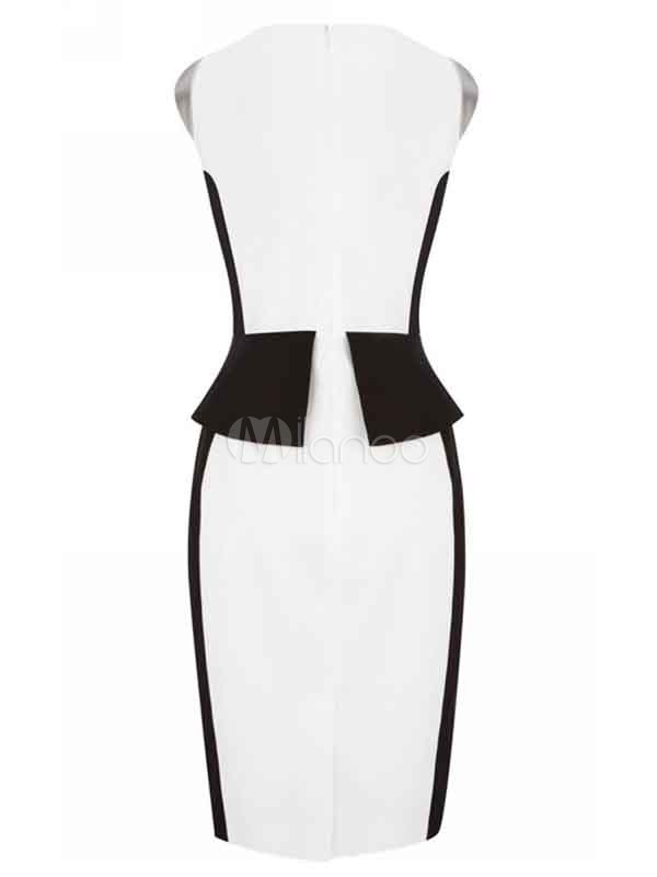 White Jewel Neck Sleeveless TwoTone Acetate Bodycon Dress for Woman