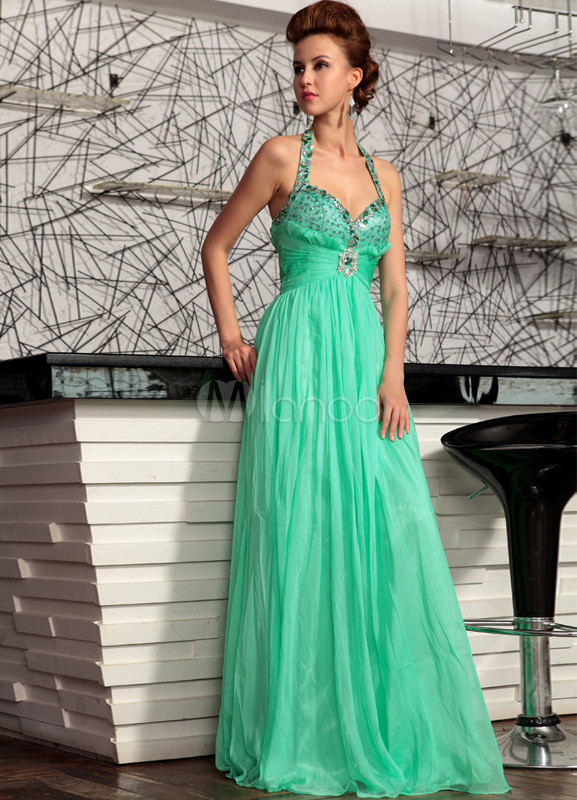 Green Halter Sequin Chiffon Backless Woman's Prom Dress - Milanoo.com