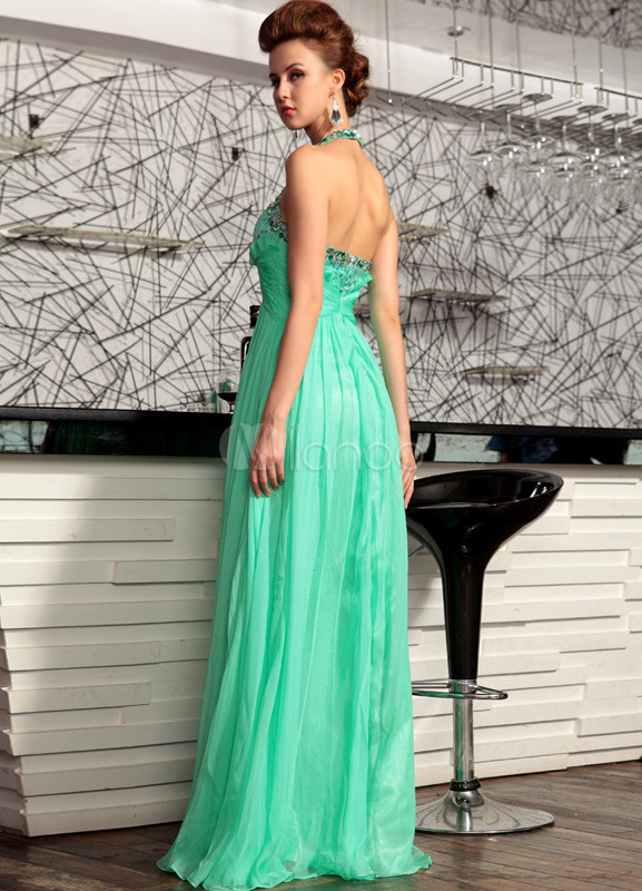 Green Halter Sequin Chiffon Backless Woman's Prom Dress - Milanoo.com