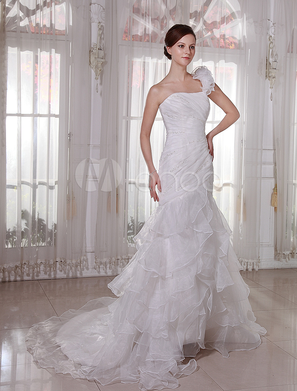 Ivory Strapless Satin Organza Mermaid Trumpet Bridal Dress