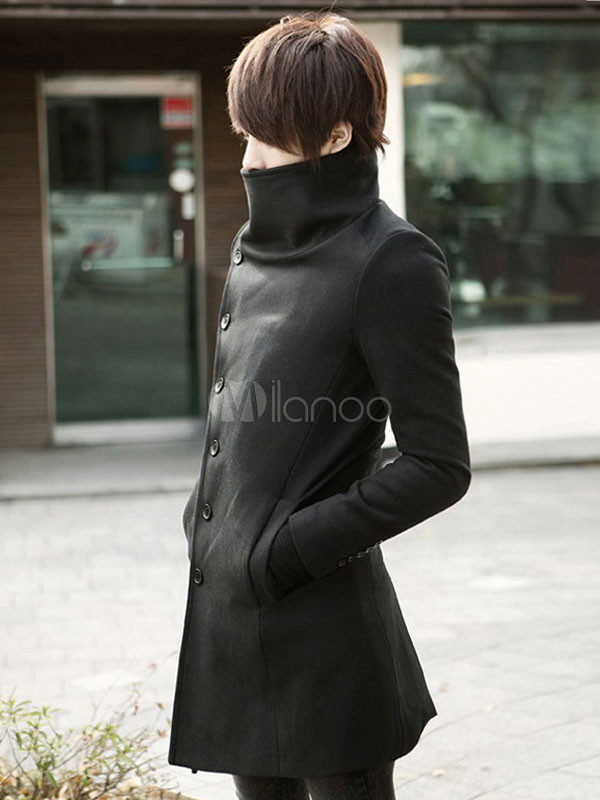Fashion Black Side Button Cotton Men's Overcoat - Milanoo.com