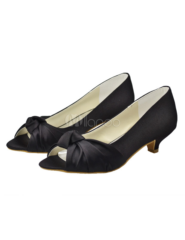 Mother Of The Bride Shoes Black Peep Toe Bow Satin Bridal Wedding Shoes ...