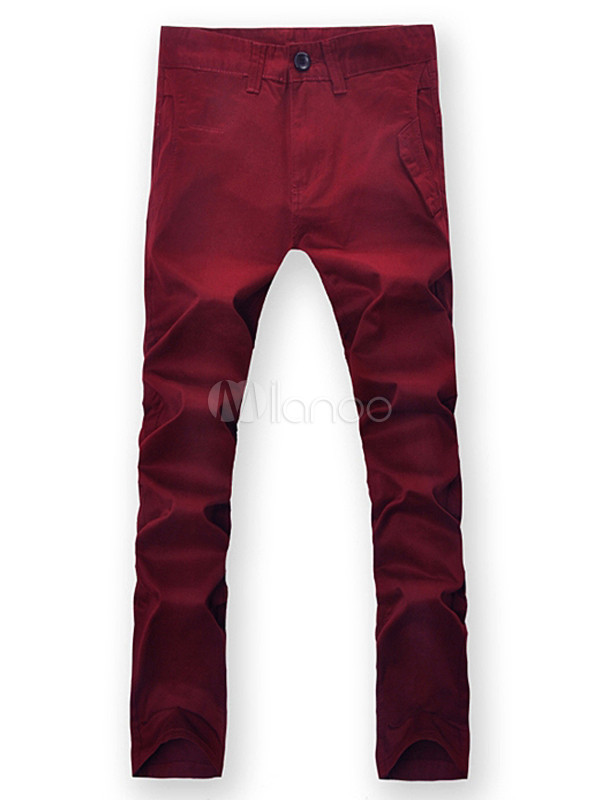 メンズパンツ ストレートパンツ ワインレッド カジュアル コットン おしゃれ Milanoo Jp