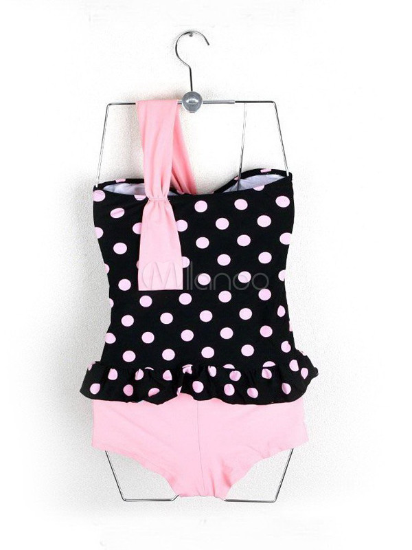 Sweet Pearl Pink Polyester Black Polka Dot One Shoulder Women's Tankini