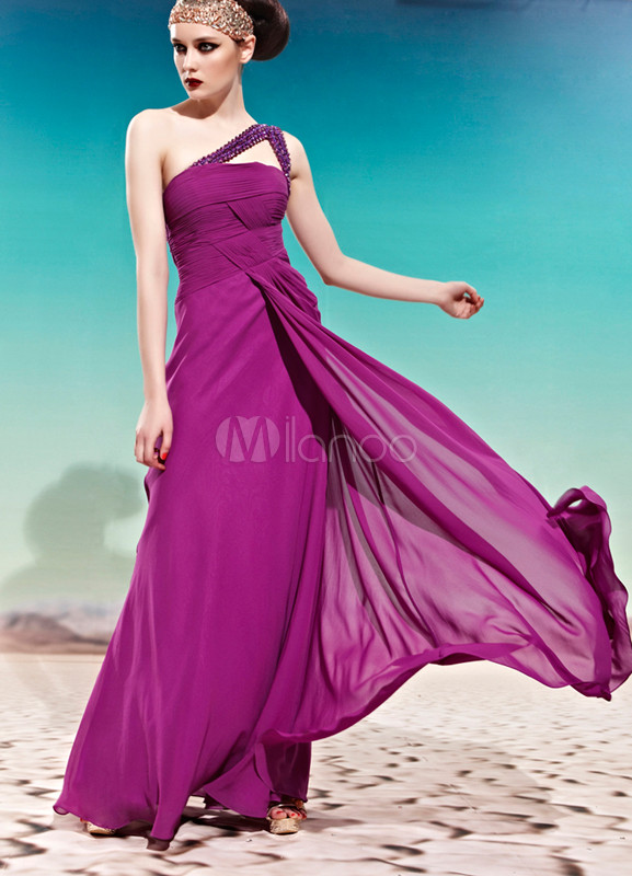 Purple One-Shoulder A-line Crystal Polyester Woman's Prom Dress ...