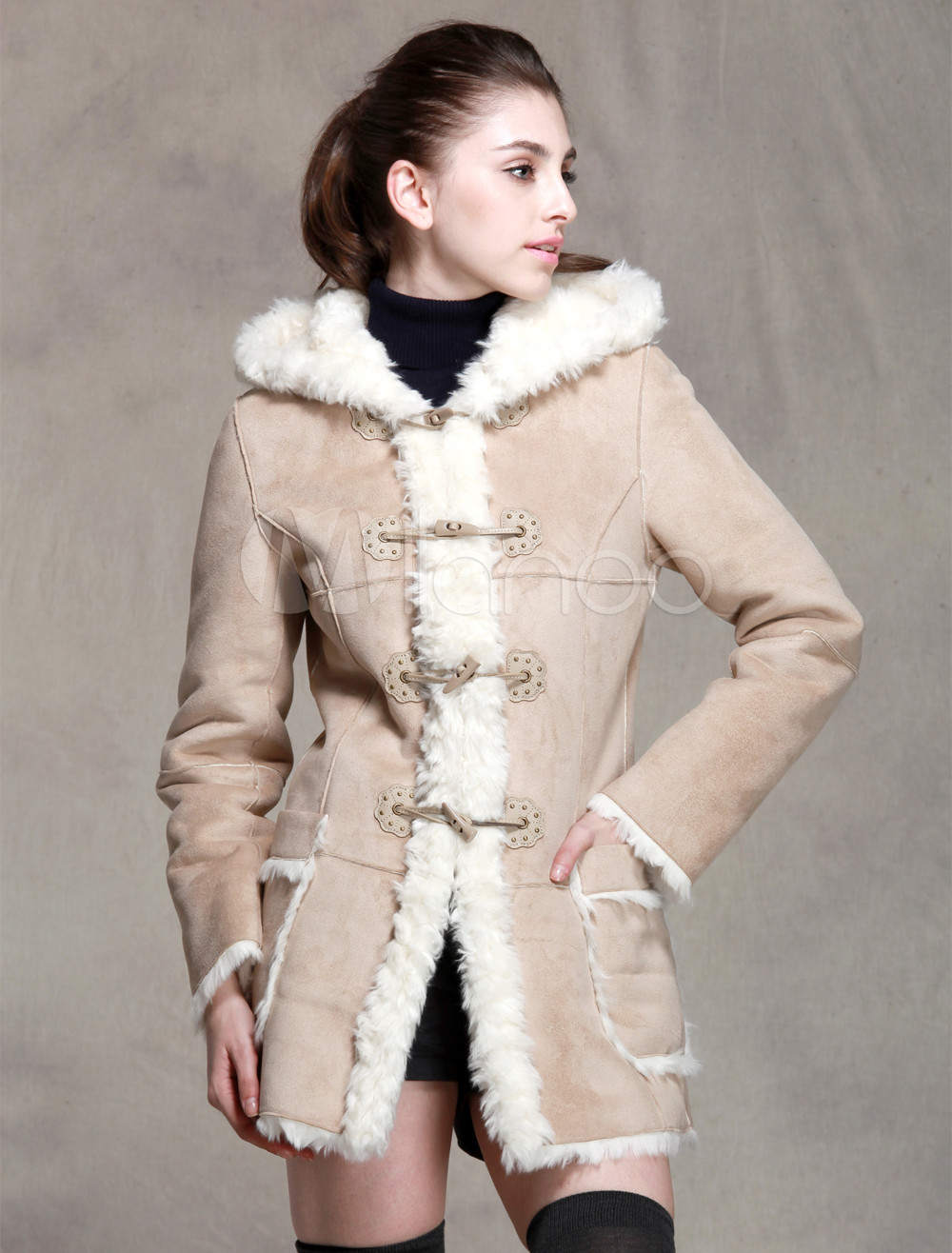 Popular Beige Imitated Fur Women's Fur Coat