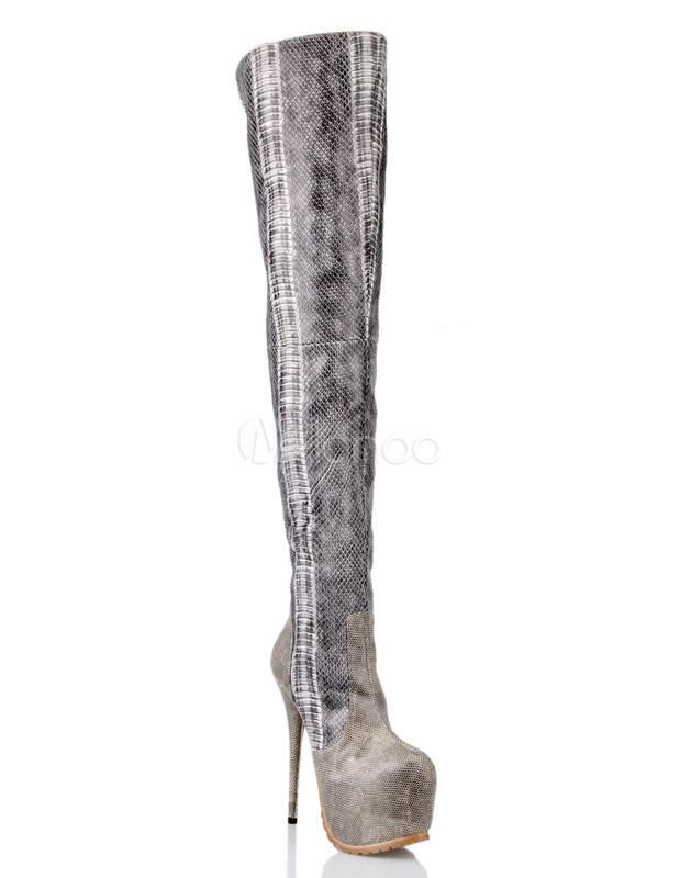 Modern Gray PU Leather High Heel Women's Over The Knee Boots
