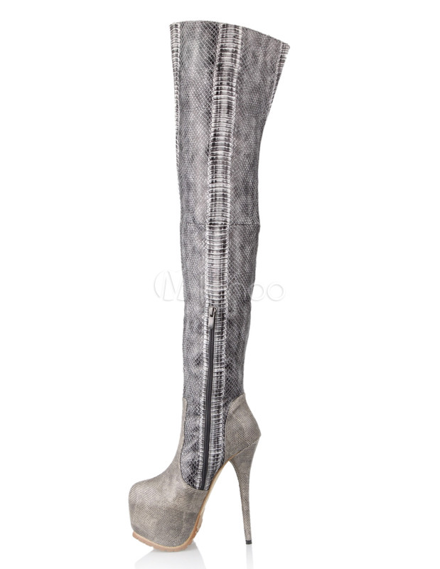 Modern Gray PU Leather High Heel Women's Over The Knee Boots