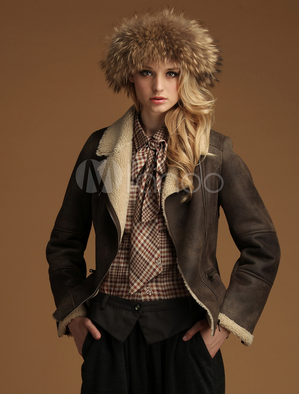 Brown Faux Fur Turndown Collar Distressed Fashionable Faux Fur Jacket ...