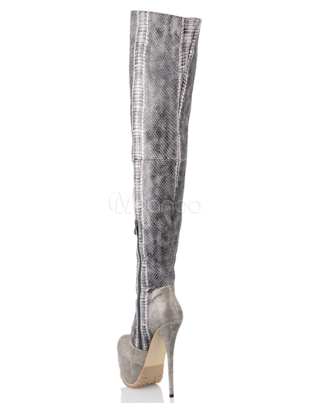 Modern Gray PU Leather High Heel Women's Over The Knee Boots