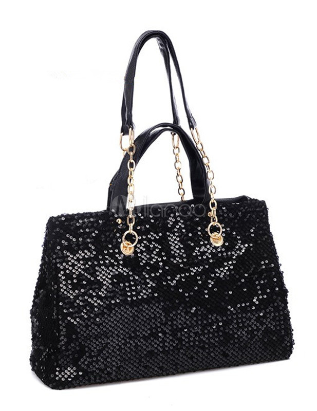 Black Sparkling Sequins PU Leather Tote Bag For Woman - Milanoo.com