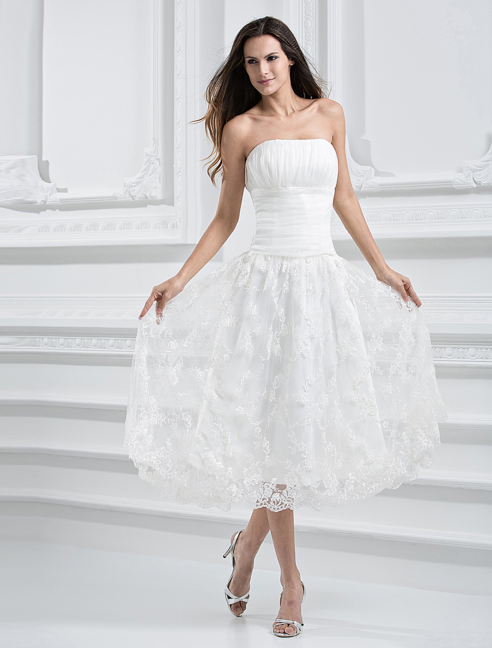 Ivory Brocade Organza Strapless Tea Length Wedding Dress - Milanoo.com