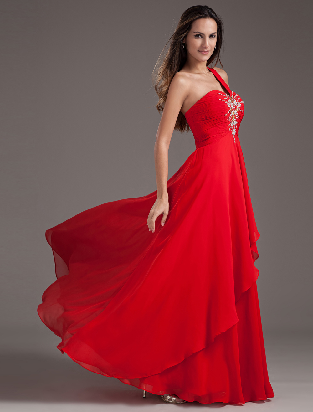 Sexy A-line Red Chiffon Sequin One-Shoulder Prom Dress - Milanoo.com