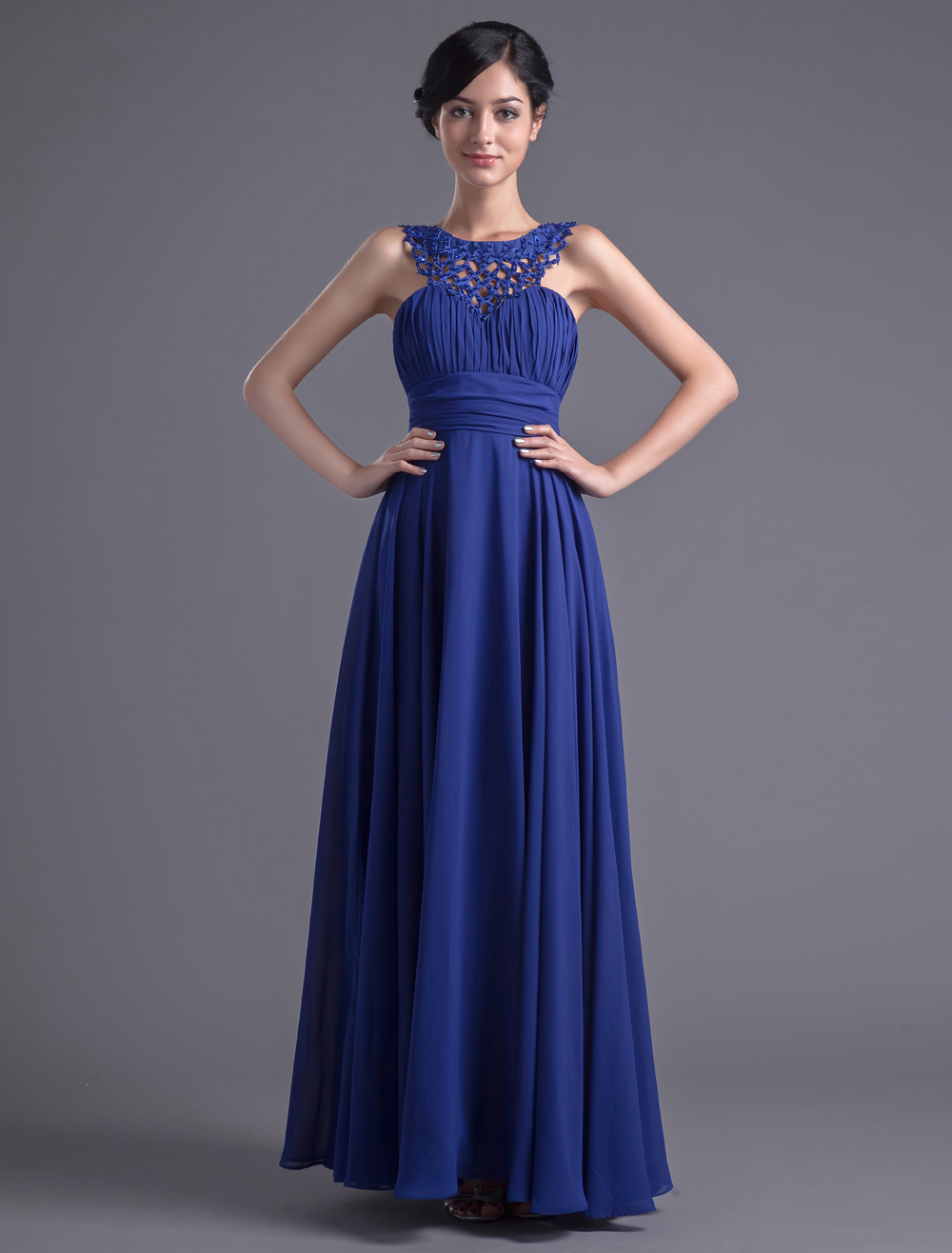 Royal Blue Chiffon Jewel Neck Evening Dress - Milanoo.com