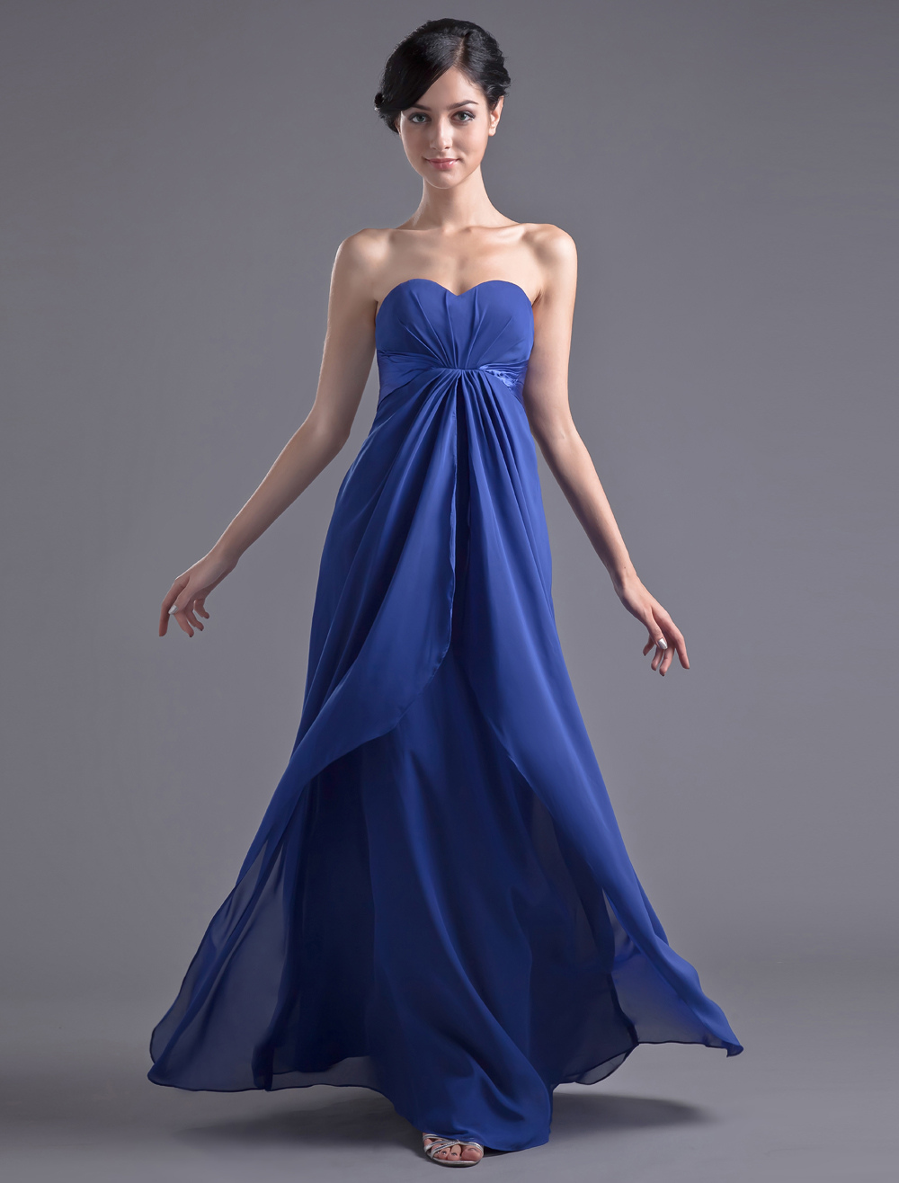 Blue Bridesmaid Dress Floor-Length Strapless Ruched Sheath Chiffon ...