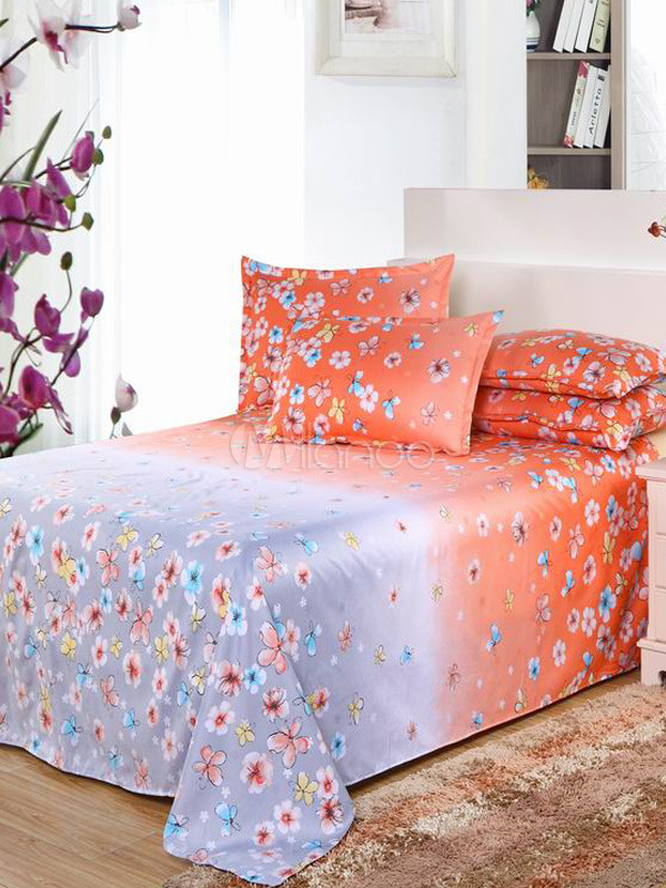 Charming Orange Floral Print Polyester 4Piece Bedding Set