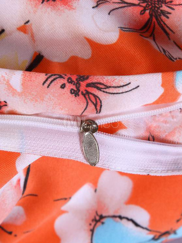 Charming Orange Floral Print Polyester 4Piece Bedding Set