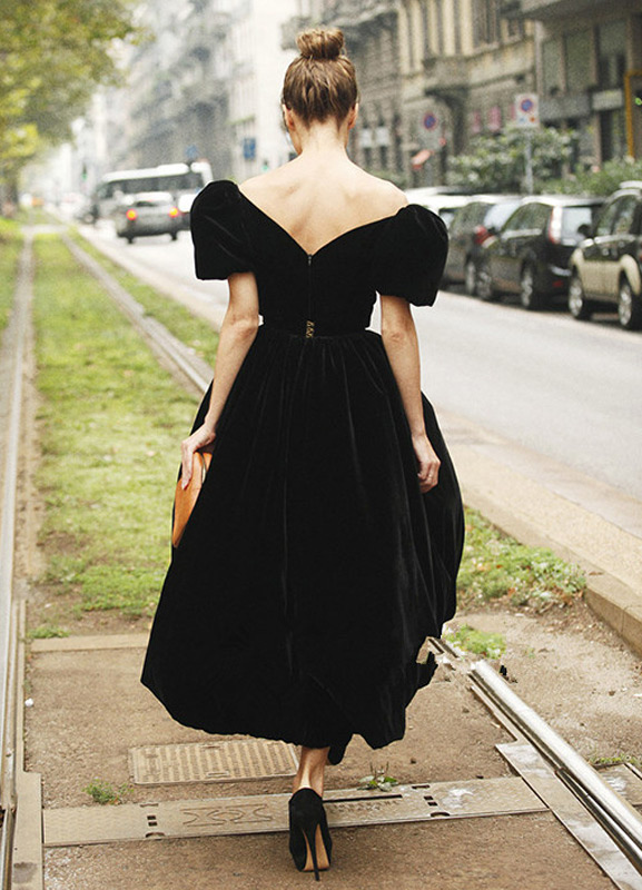 Aline Black Velvet Puff Sleeve TeaLength Celebrity Dress