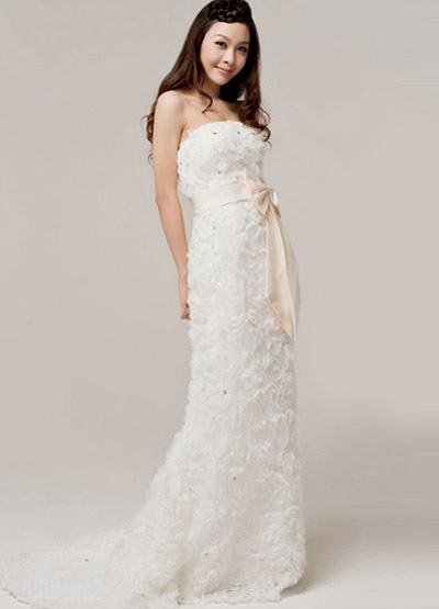 White Sheath Strapless Floral Bow Organza Wedding Dress For Bride ...