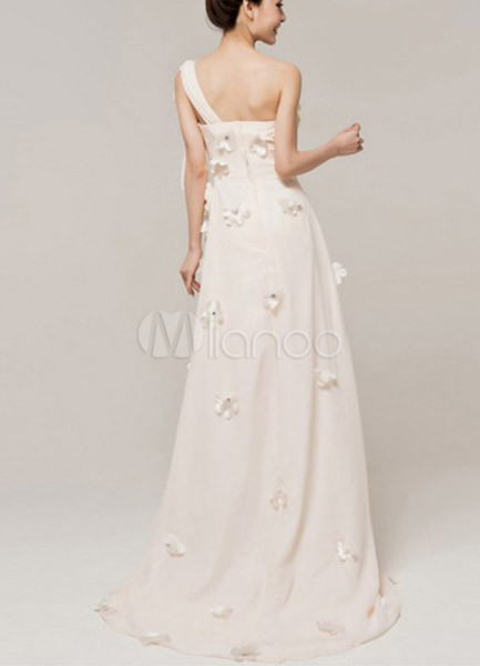 Champagne One Shoulder A Line Floral Chiffon Womens Prom Dress 