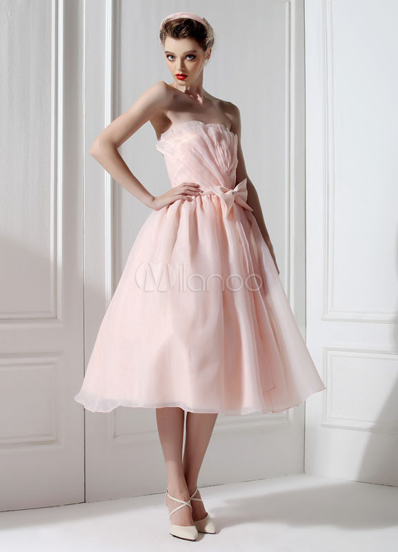Vintage Pink Organza Bow Strapless Tea Length Fashion Evening Dress ...