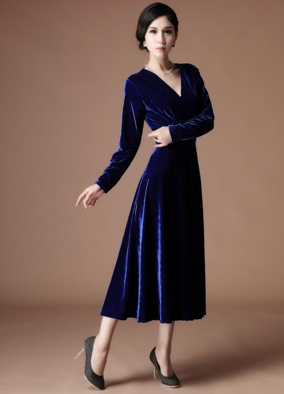 A-line Royal Blue Velvet V-Neck Tea-Length Fashion Cocktail Dress ...