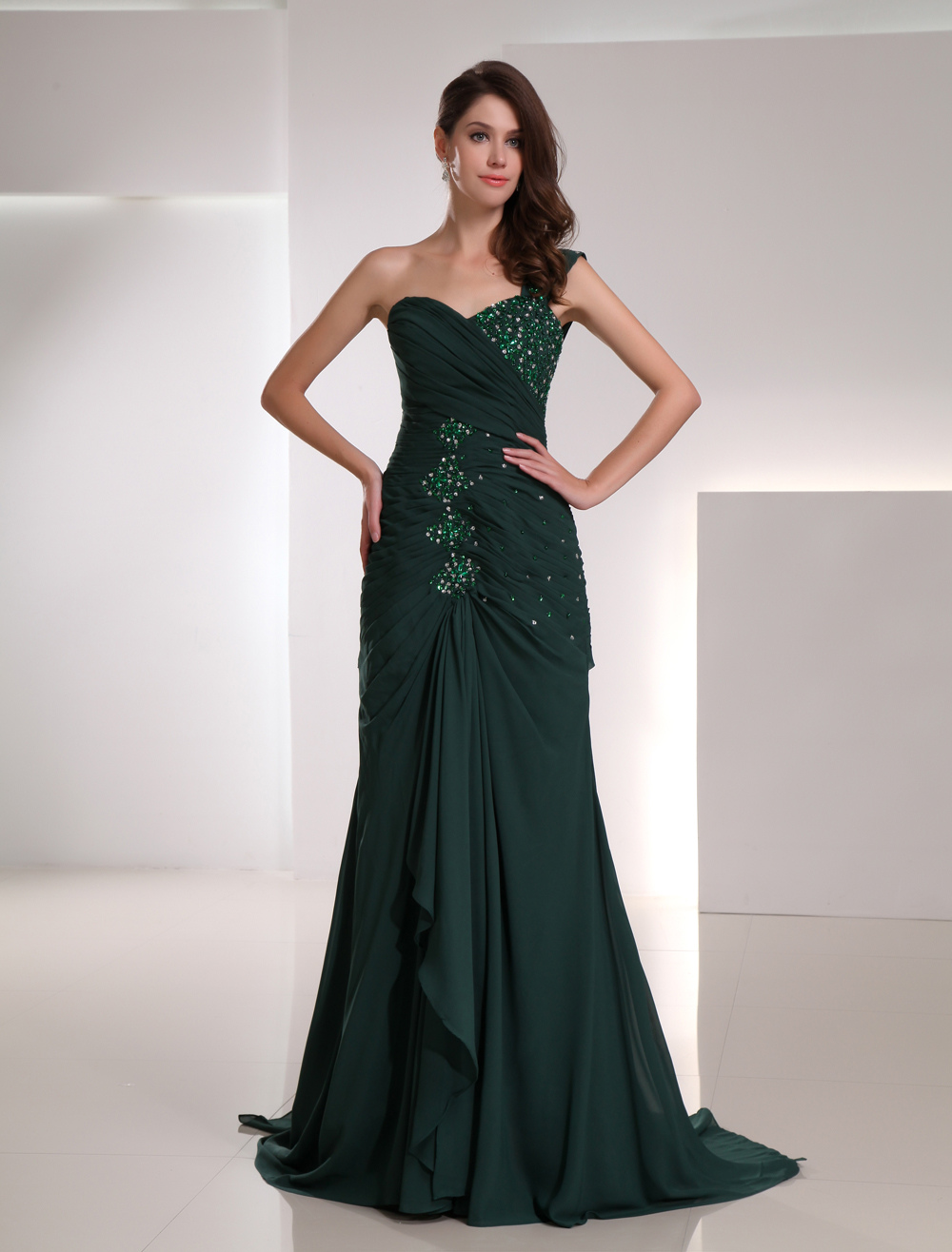 Sheath Dark Green Chiffon Sequin One-Shoulder Fashion Prom Dress ...