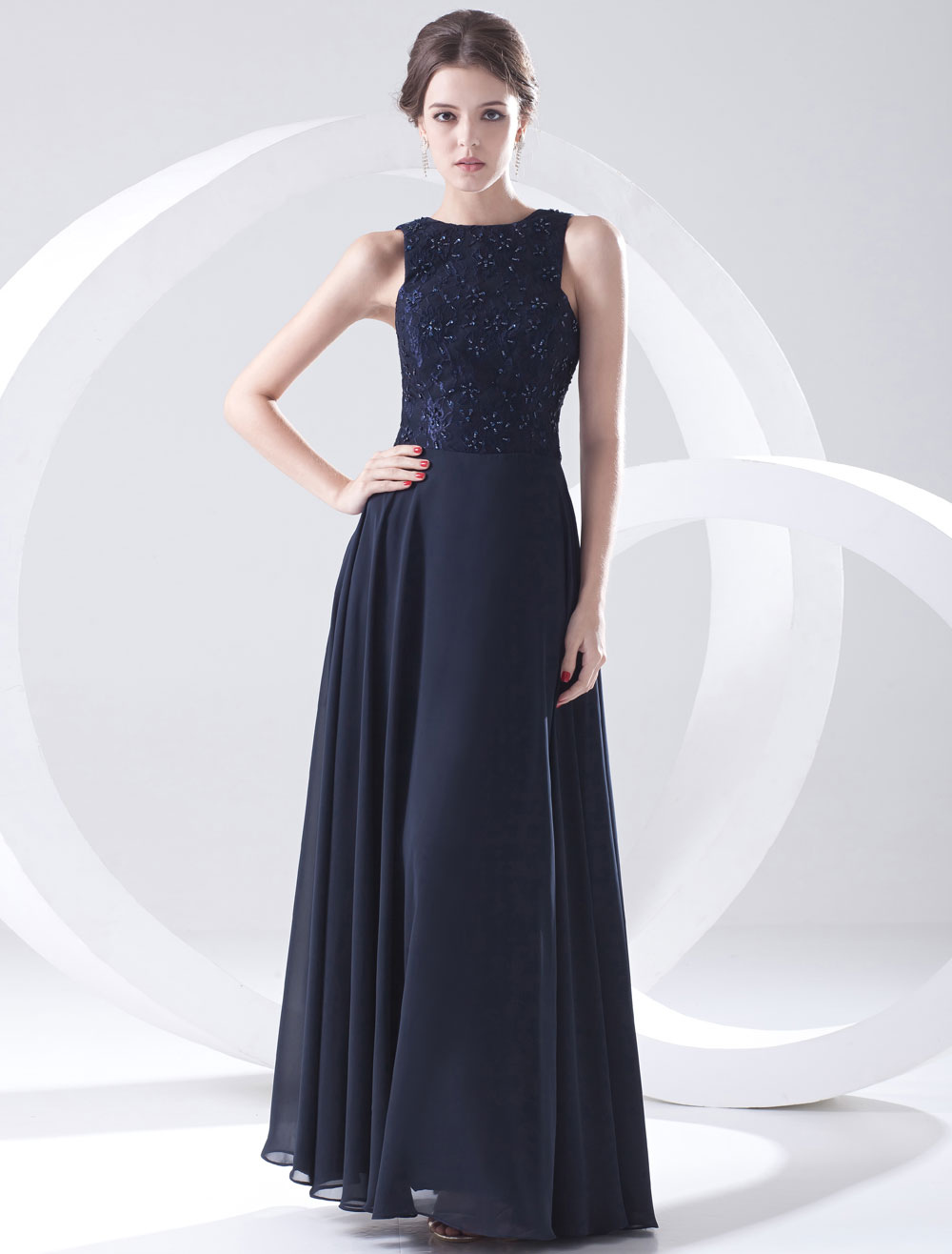 Elegant Dark Navy Chiffon Lace Jewel Neck Women's Evening Dress ...