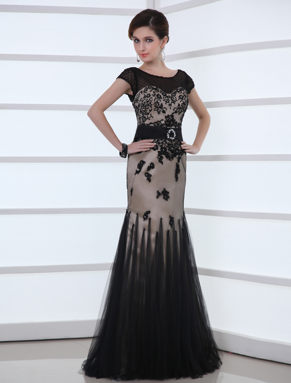 Wedding Dress Black Bridal Gown With Illusion Lace Detachable Sleeves main image 1