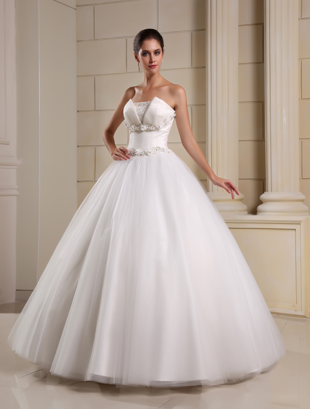 Ivory A-Line Strapless Beading Floral Tulle Bridal Wedding Gown ...