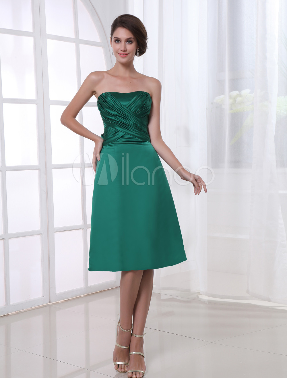 Hunter Green  Strapless Knee  Length  Bridesmaid  Dress  with 