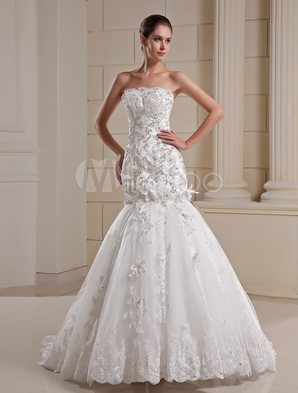 Ivory Strapless Sequin Lace Bridal Mermaid Wedding Dress 3335