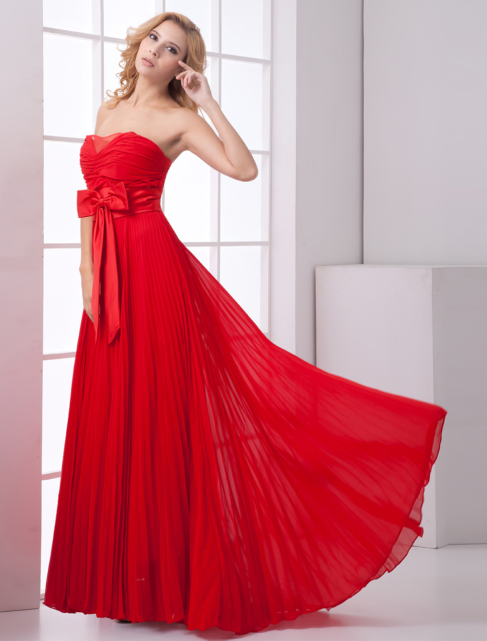 Empire Waist Red Chiffon Bow Sweetheart Women's Prom Dress - Milanoo.com