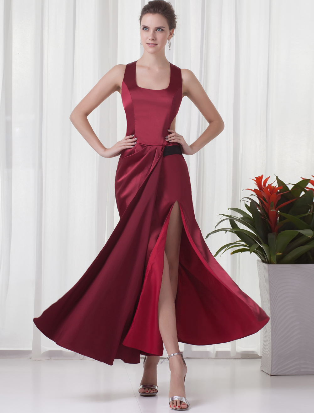 Sexy Burgundy Split Front Womens Evening Dress 5322