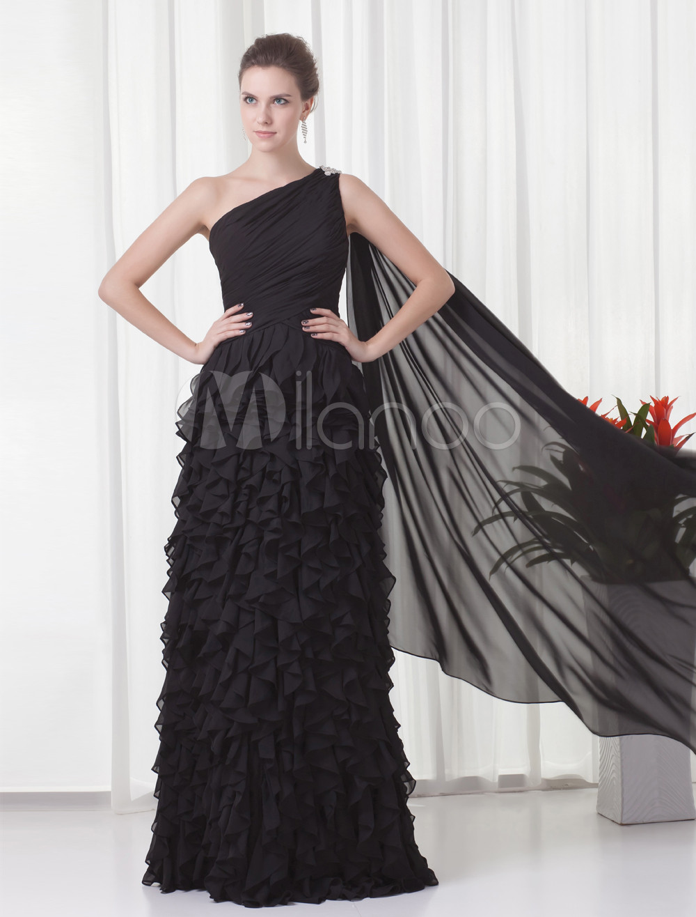 Sheath Black Chiffon Ruffles One Shoulder Womens Prom Dress 4145