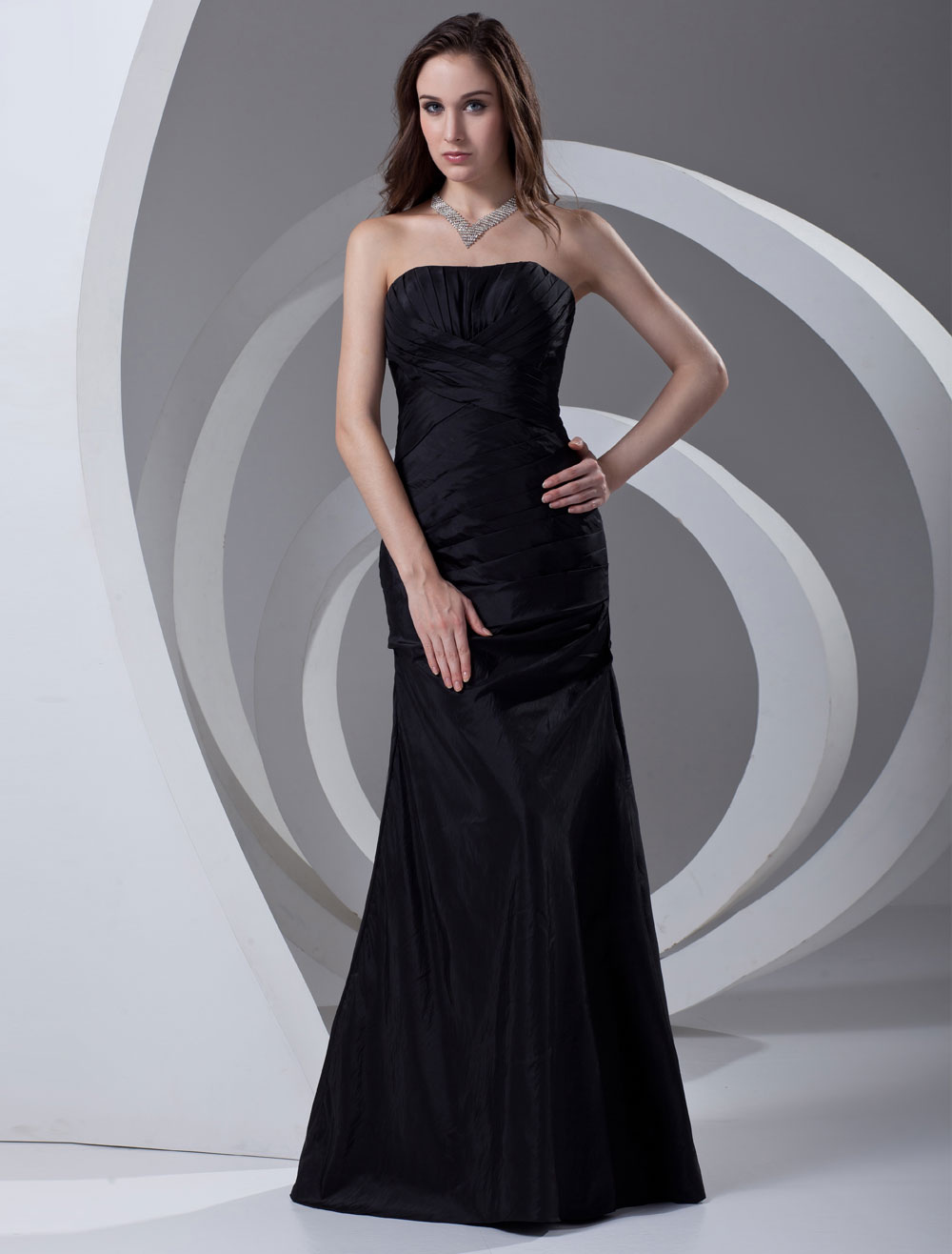 Strapless Ruched Taffeta Black Elegant Bridesmaid Dress - Milanoo.com