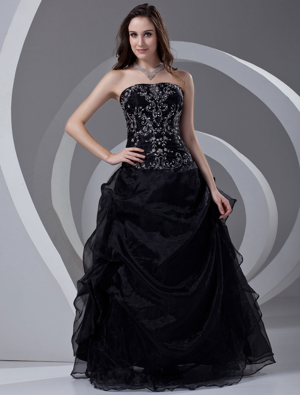 Black Wedding Dress Embroidery Organza Ball Gown - Milanoo.com