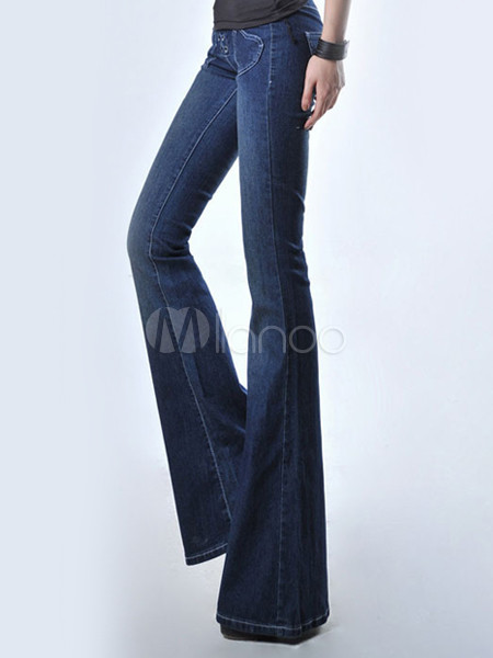 Denim Cloth Deep Blue Lace Up Women's Bell-Bottom Jeans - Milanoo.com
