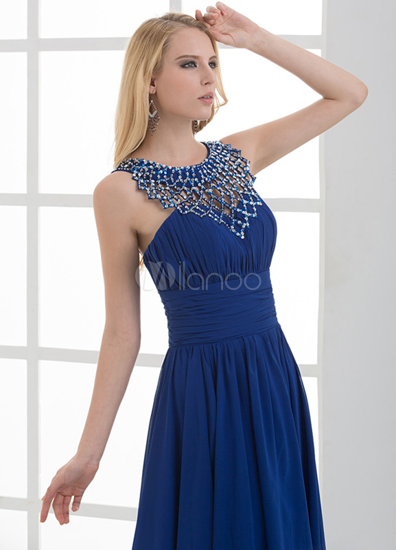 Aline Royal Blue Beading Jewel Neck Prom Dress