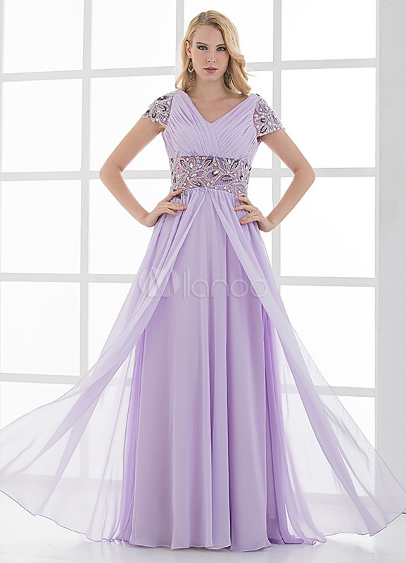 Chic Lilac Beading V-Neck Sexy Evening Dress - Milanoo.com