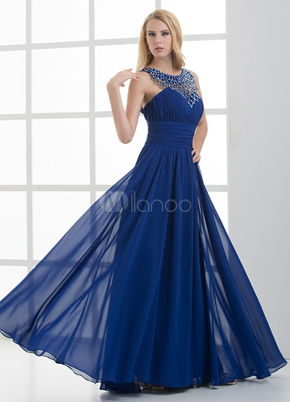 Aline Royal Blue Beading Jewel Neck Prom Dress