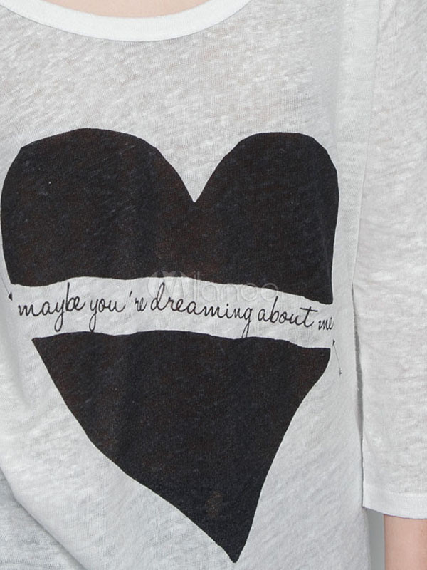 White Hearts Pattern Jewel Neck Linen Long Sleeves T-shirt For Women ...